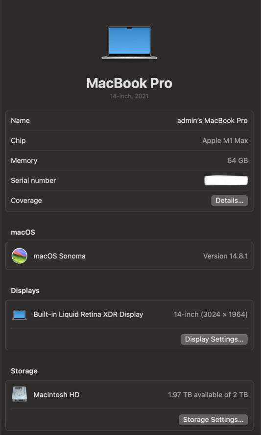 14" MacBook Pro M1 Max Chip 64GB 2TB