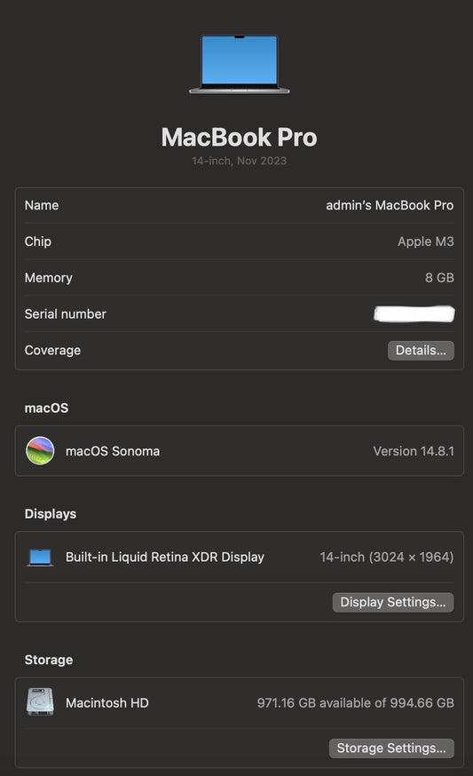 14" MacBook Pro M3 Chip 8GB 1TB